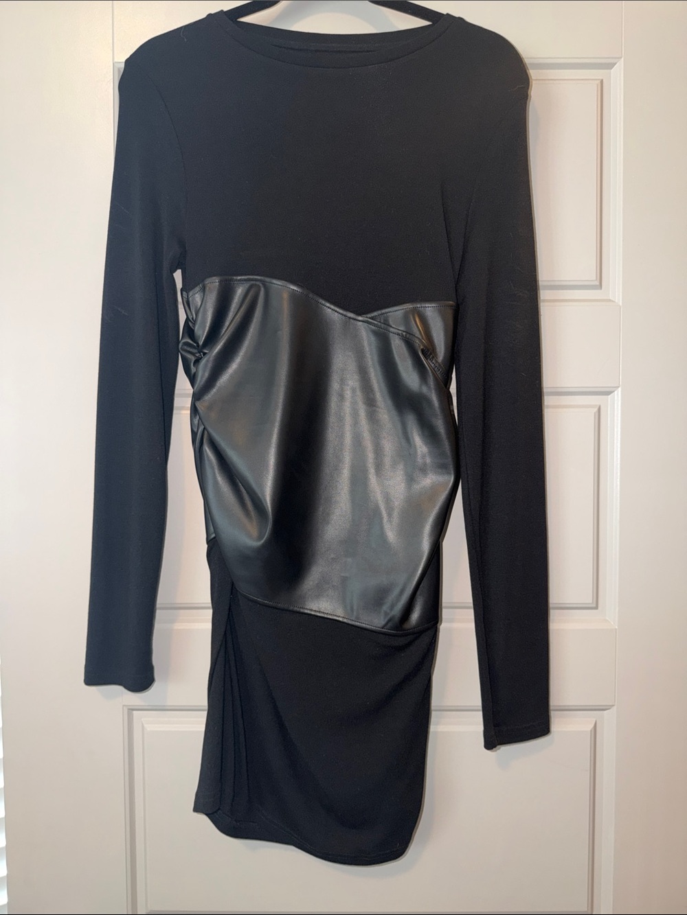 Commense Black Long-Sleeve Dress with Faux-Leather Panel-NWOT